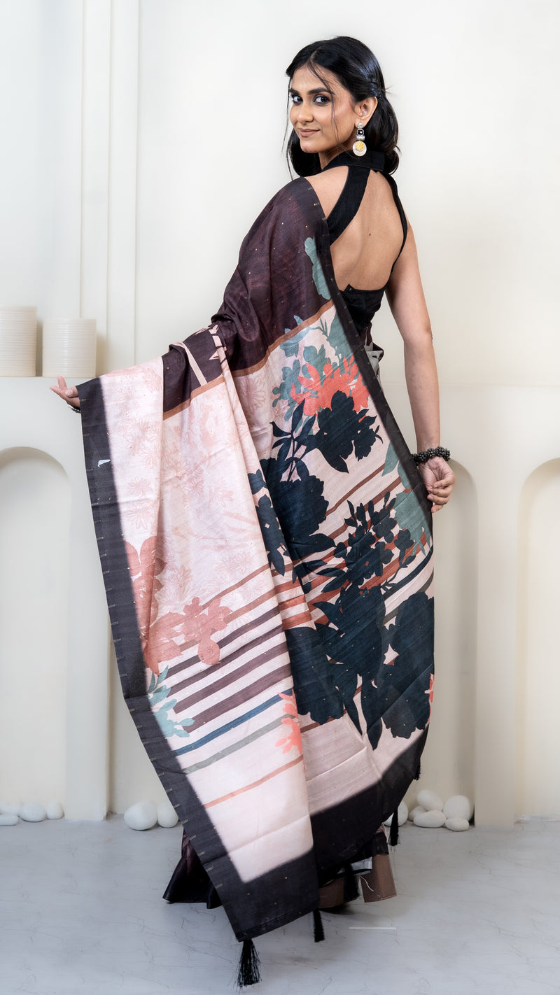 Chocolate and Pink Abstract Art Silk Saree