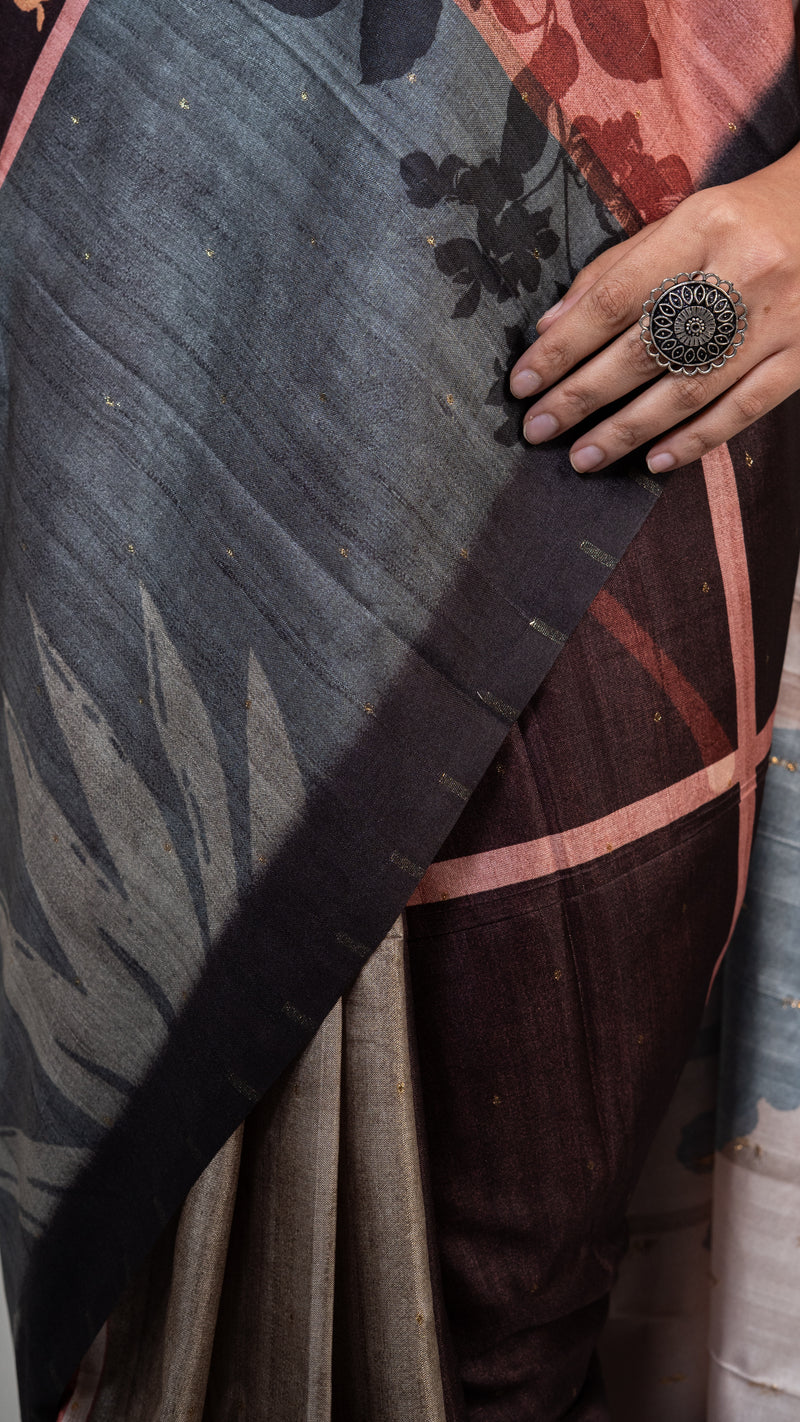 Chocolate and Pink Abstract Art Silk Saree