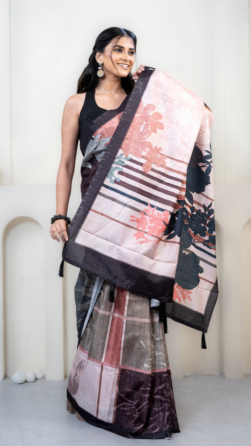 Chocolate and Pink Abstract Art Silk Saree