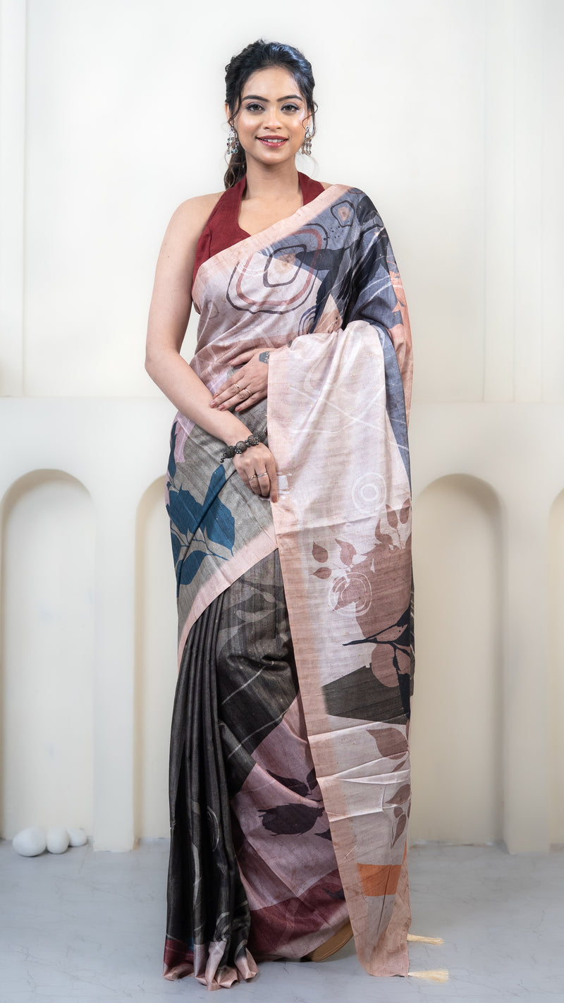 Off White and Sage Green Abstract Art Silk Saree