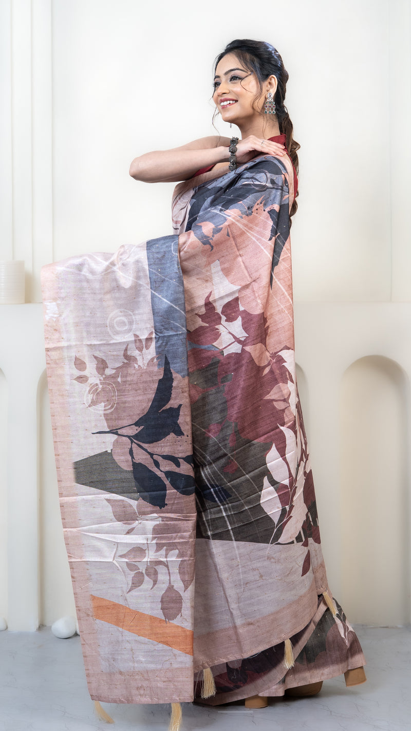 Off White and Sage Green Abstract Art Silk Saree