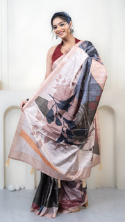 Off White and Sage Green Abstract Art Silk Saree