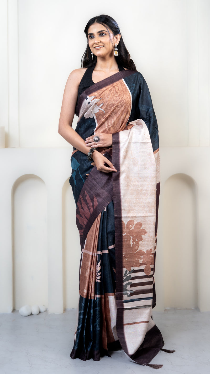 Teal and Brown Abstract Art Silk Saree