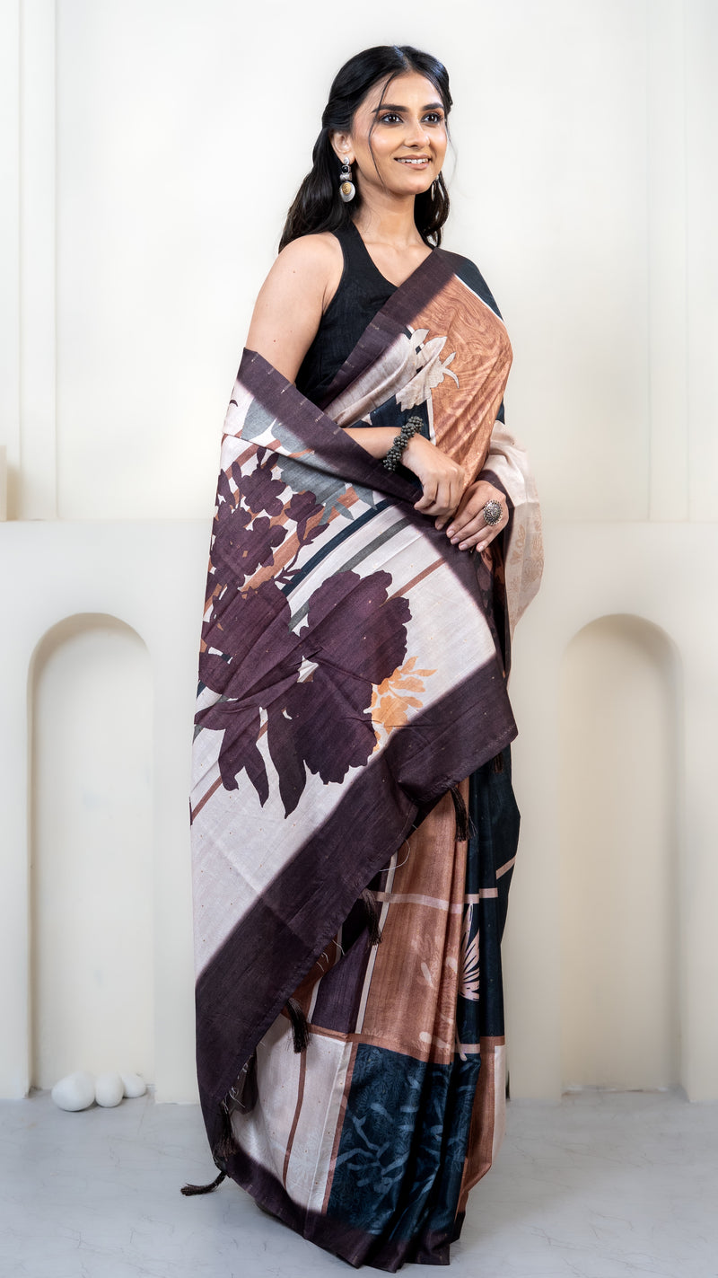 Teal and Brown Abstract Art Silk Saree
