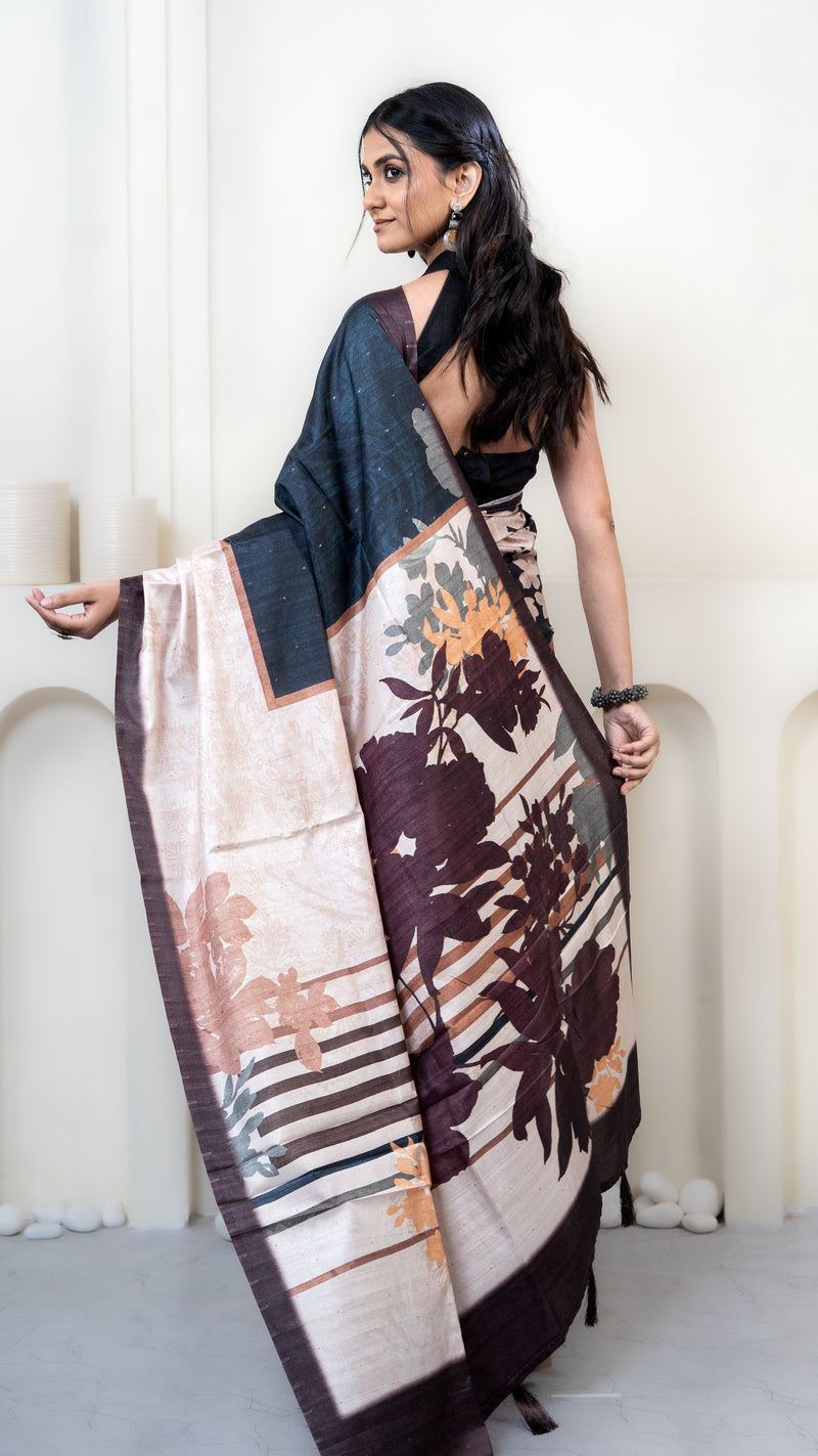 Teal and Brown Abstract Art Silk Saree