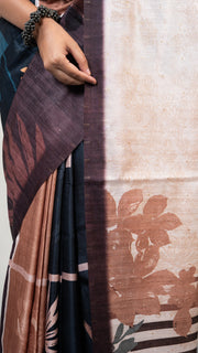 Teal and Brown Abstract Art Silk Saree