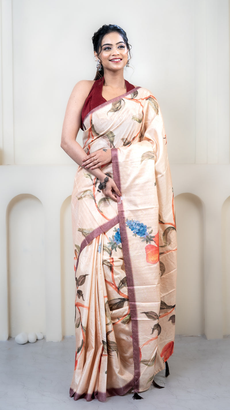Peach Floral Print Silk Saree