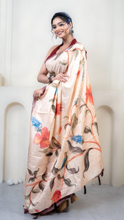 Peach Floral Print Silk Saree