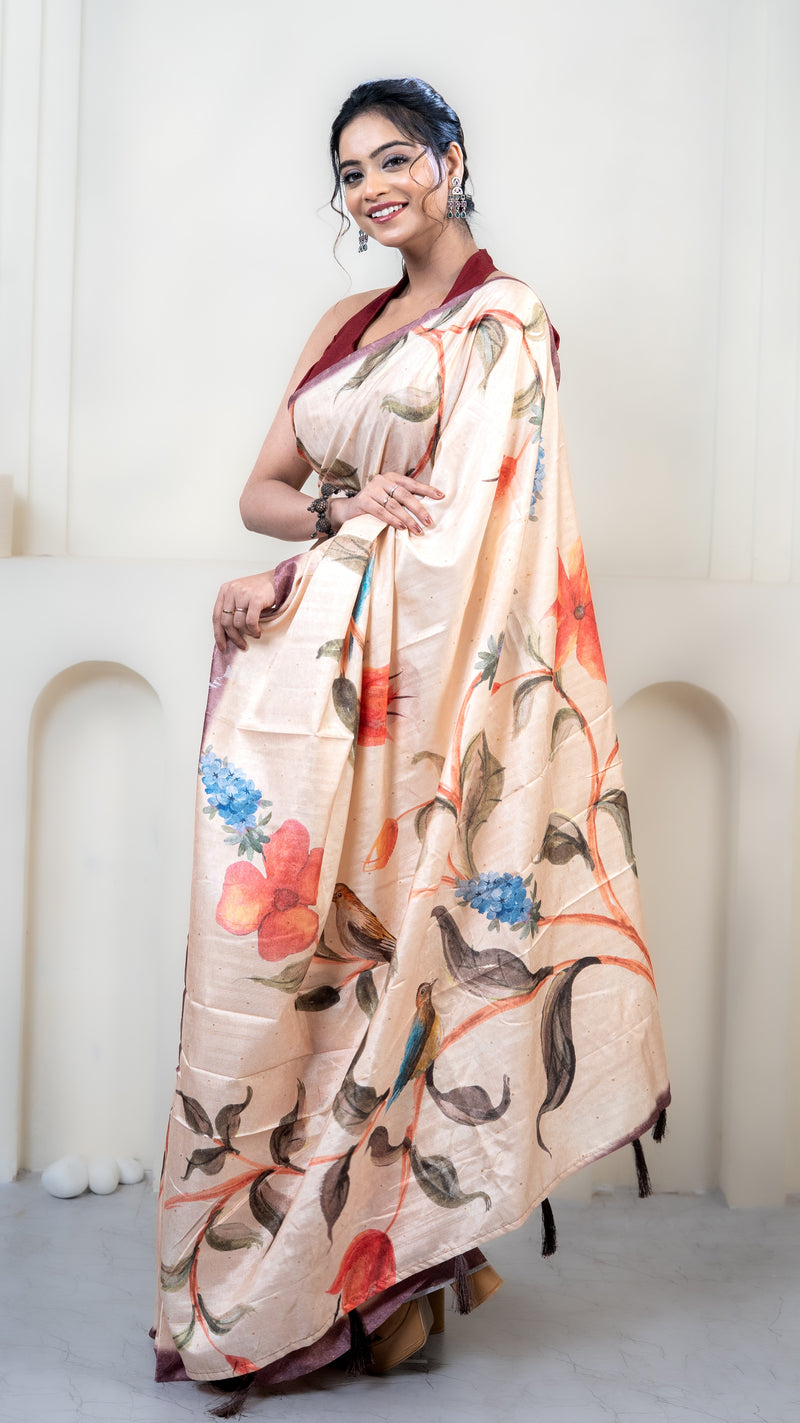 Peach Floral Print Silk Saree