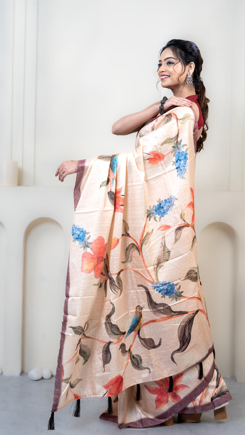 Peach Floral Print Silk Saree