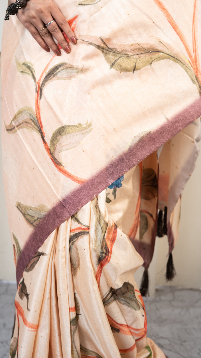 Peach Floral Print Silk Saree