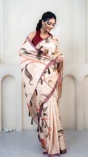 Peach Floral Print Silk Saree