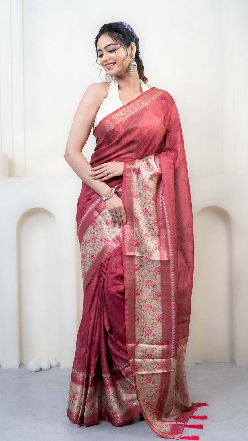 Reddish Pink Dual Tone Mulberry Silk Saree with Off White Border