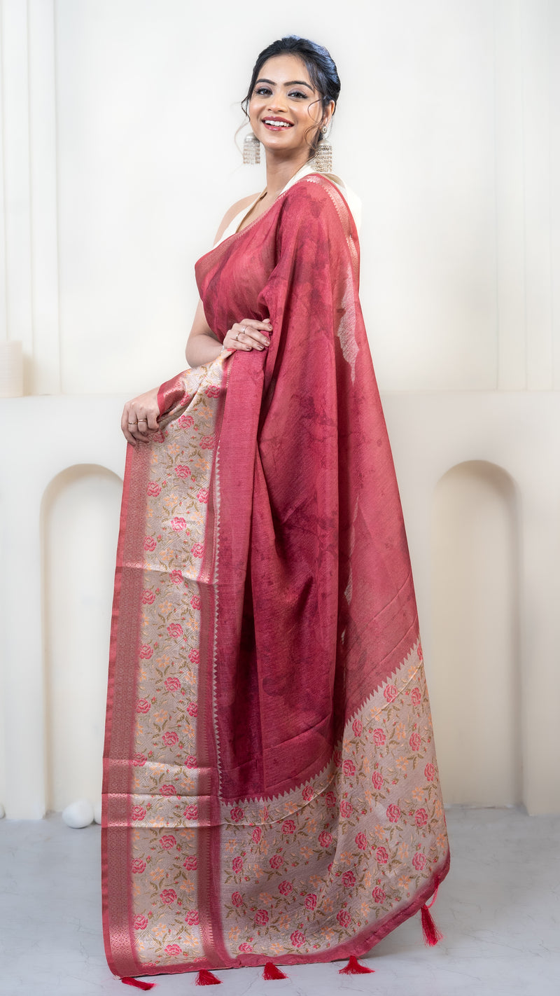 Reddish Pink Dual Tone Mulberry Silk Saree with Off White Border