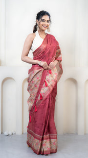 Reddish Pink Dual Tone Mulberry Silk Saree with Off White Border