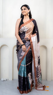 Charcoal Grey and Off White Abstract Art Silk Saree
