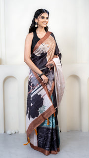 Charcoal Grey and Off White Abstract Art Silk Saree