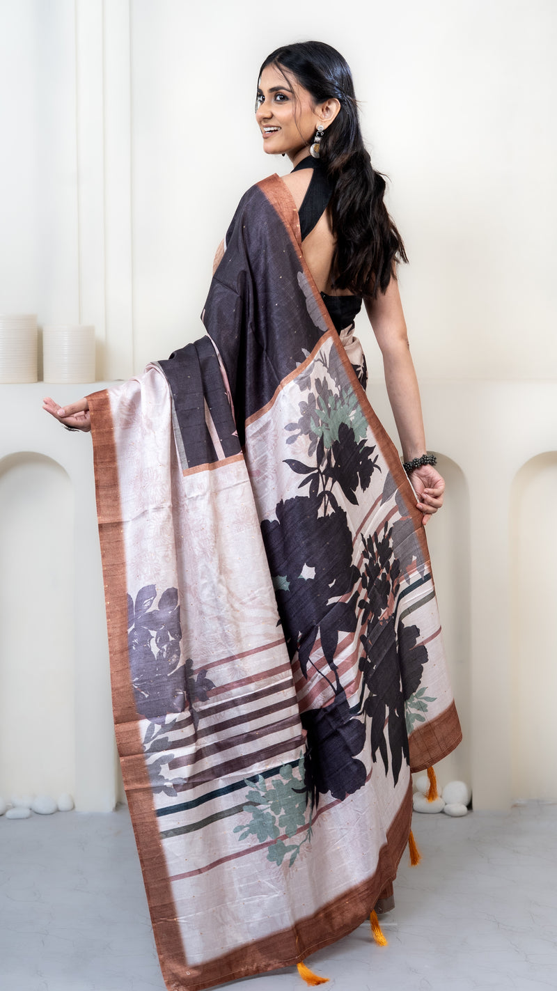Charcoal Grey and Off White Abstract Art Silk Saree