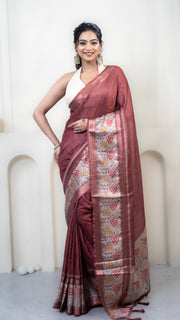 Rust and Off White Mulberry Silk Saree