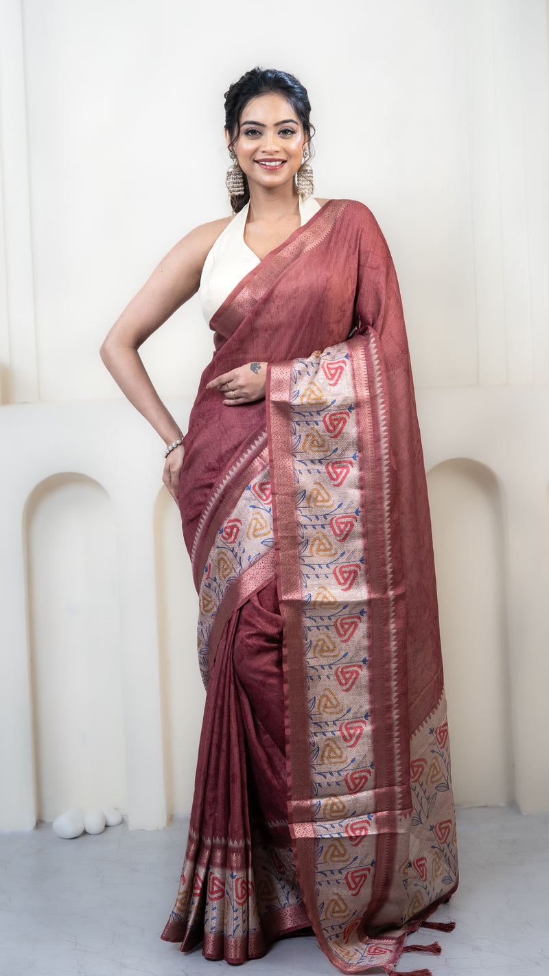 Rust and Off White Mulberry Silk Saree