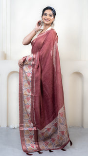 Rust and Off White Mulberry Silk Saree