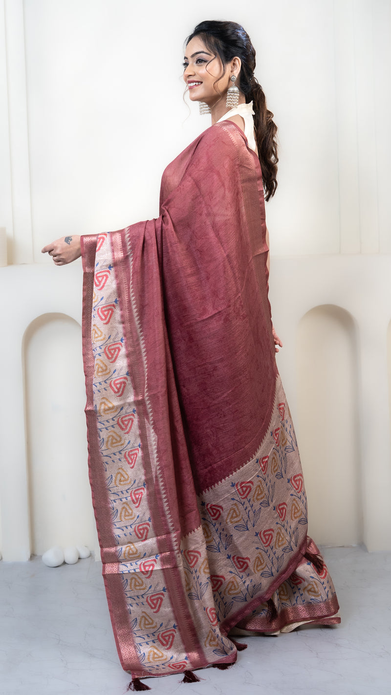 Rust and Off White Mulberry Silk Saree