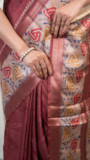 Rust and Off White Mulberry Silk Saree