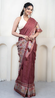 Rust and Off White Mulberry Silk Saree