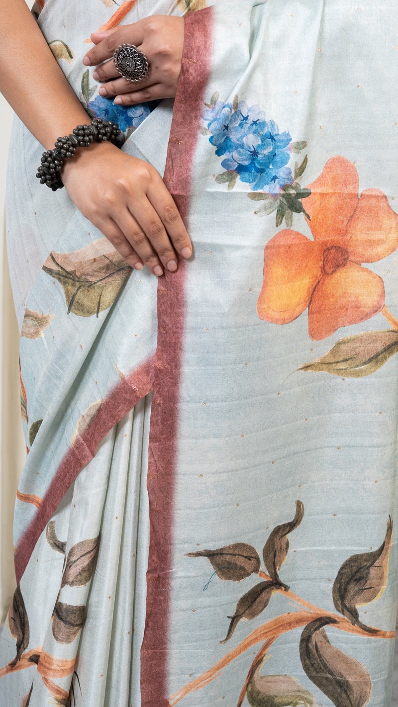 Sky Blue Floral Print Silk Saree