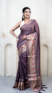 Dusty Purple Mulberry Silk Saree with Off White Border
