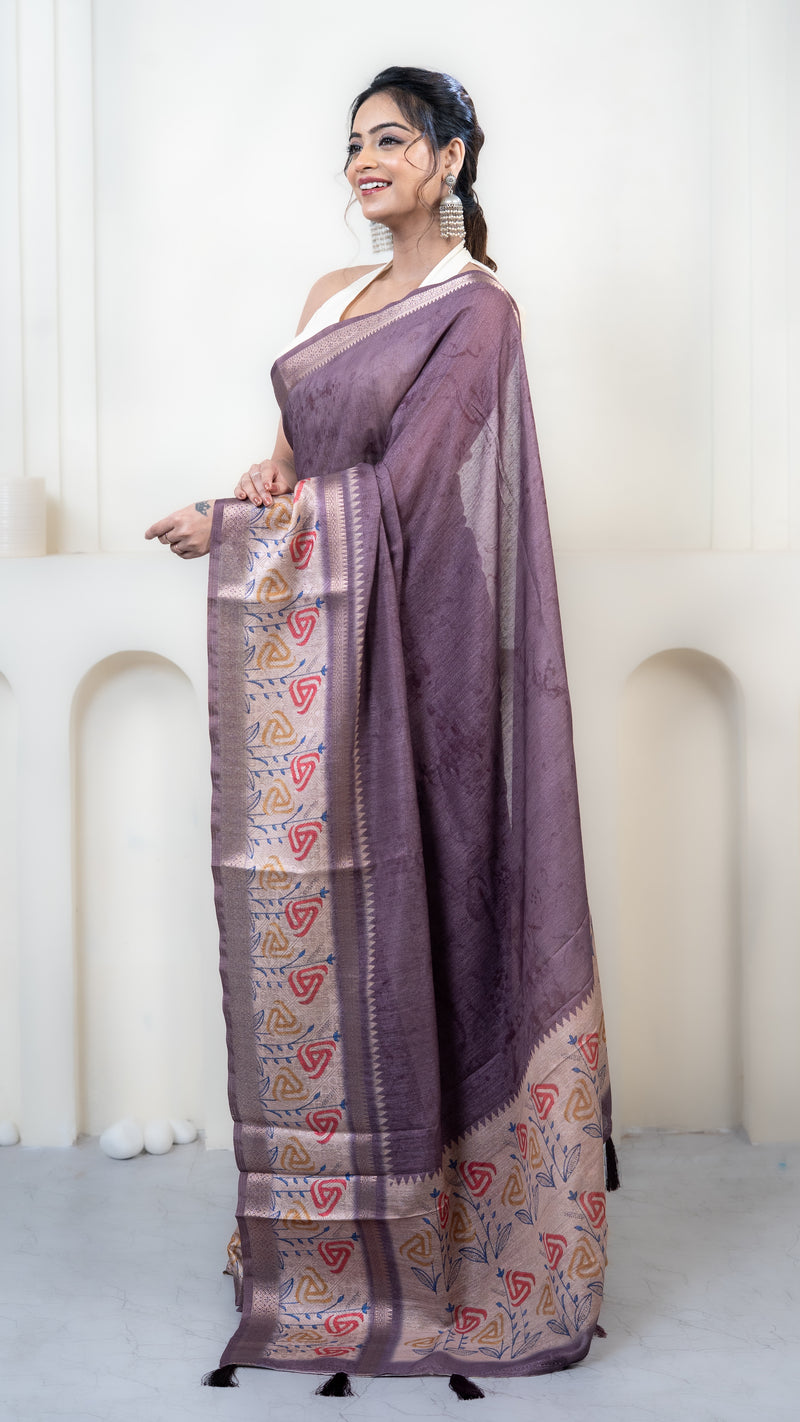 Dusty Purple Mulberry Silk Saree with Off White Border