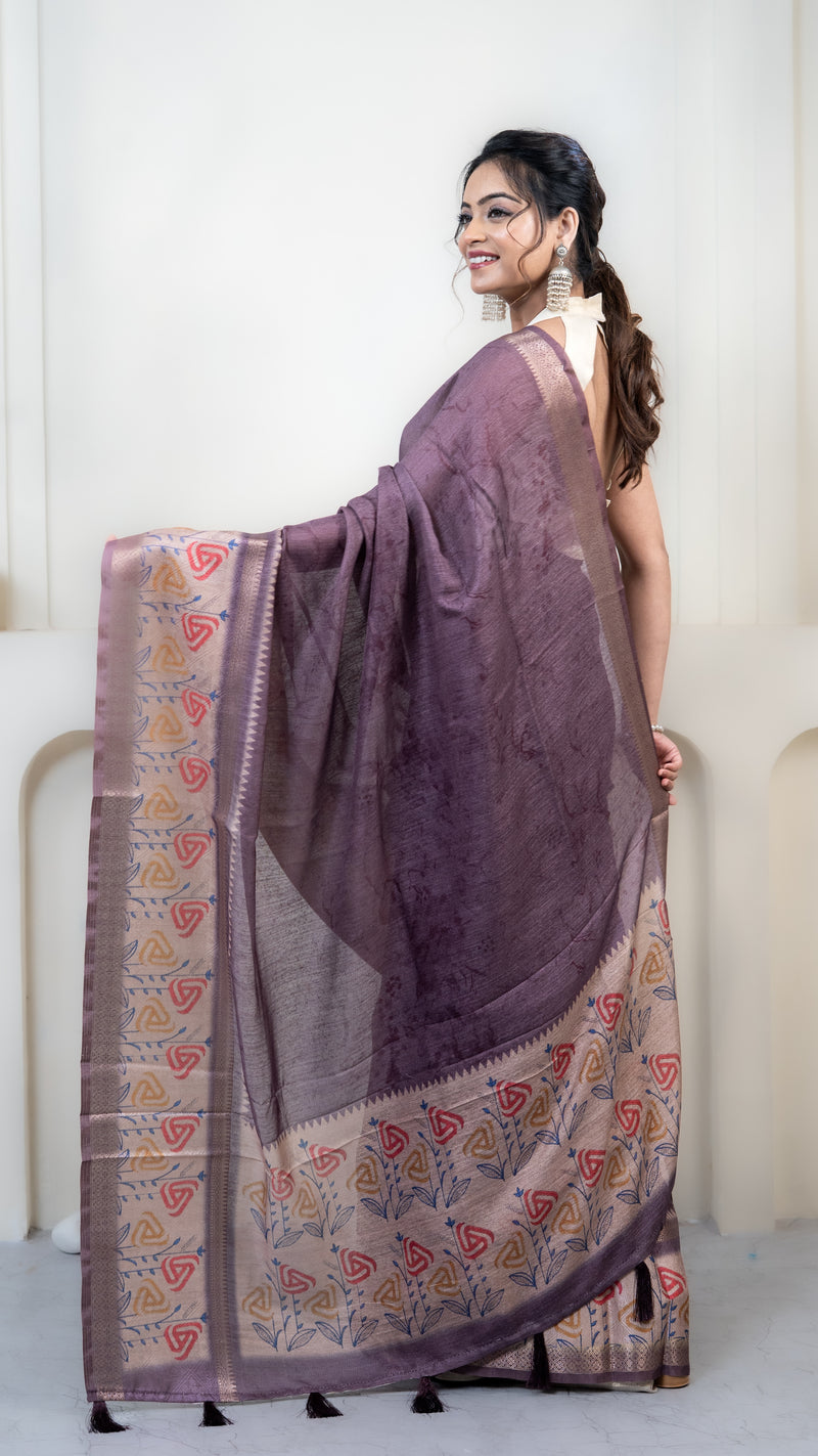 Dusty Purple Mulberry Silk Saree with Off White Border