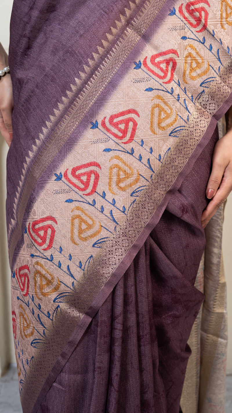 Dusty Purple Mulberry Silk Saree with Off White Border