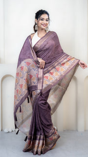 Dusty Purple Mulberry Silk Saree with Off White Border