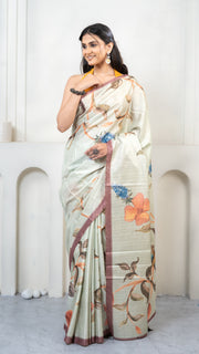 Mint Green Floral Print Silk Saree