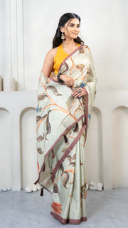 Mint Green Floral Print Silk Saree