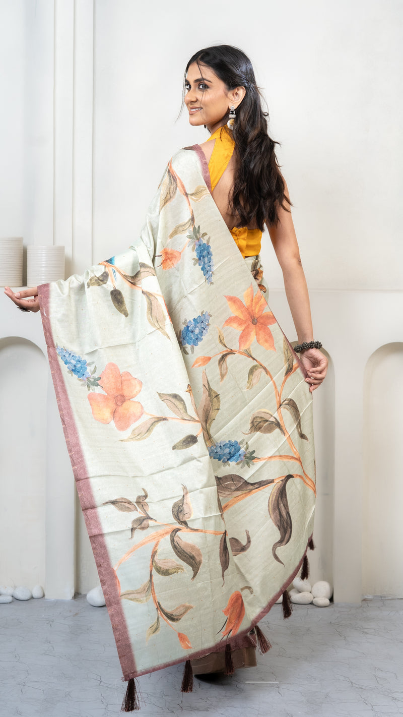 Mint Green Floral Print Silk Saree