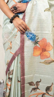 Mint Green Floral Print Silk Saree