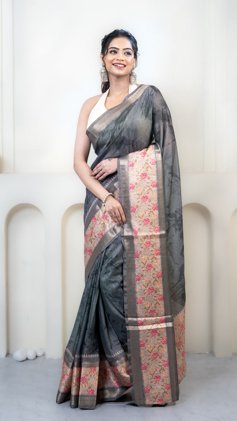 Dark Grey and Green Dual Tone Mulberry Silk Saree with Off White Floral border