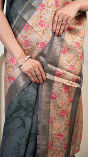 Dark Grey and Green Dual Tone Mulberry Silk Saree with Off White Floral border