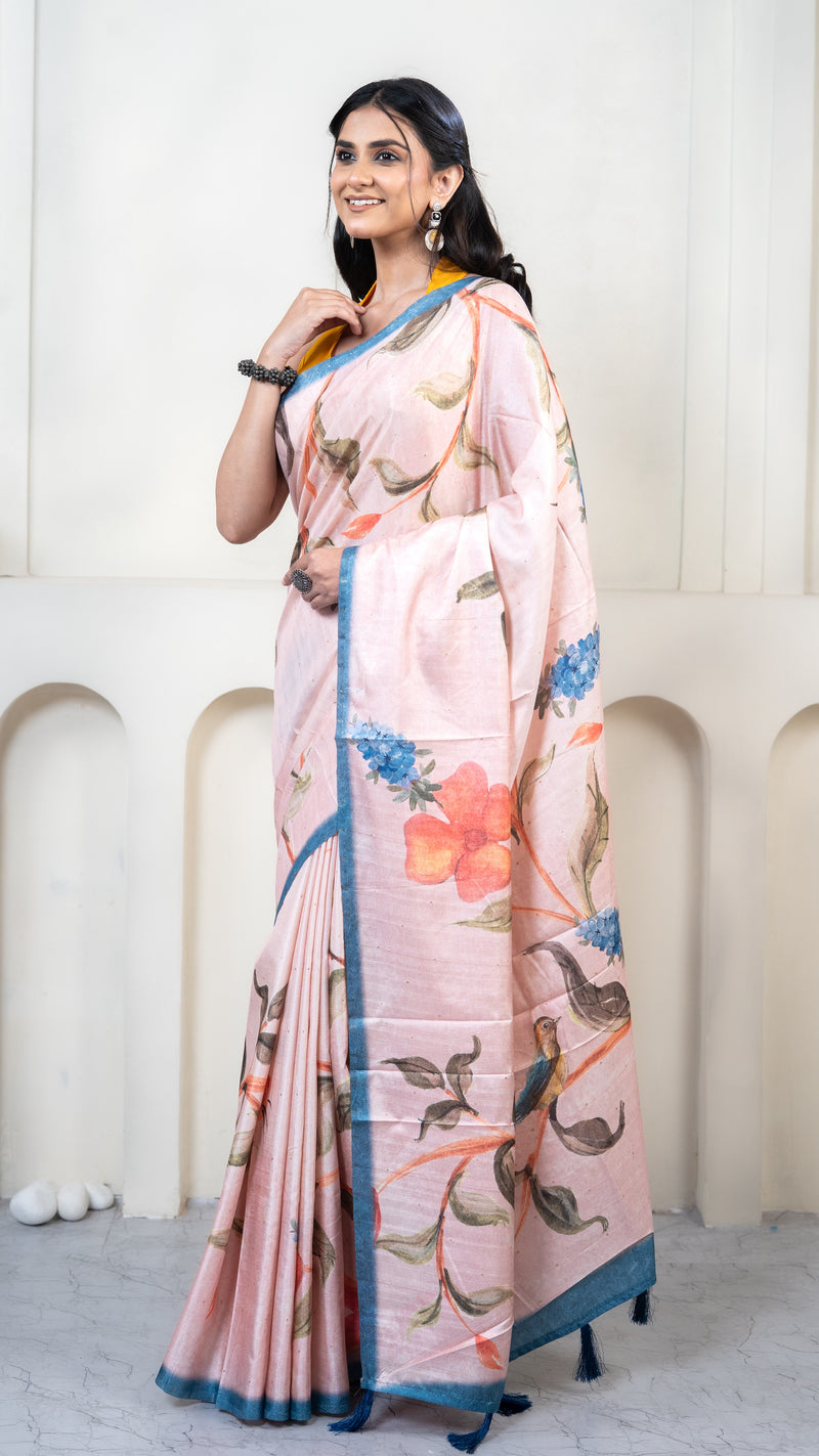 Baby Pink Floral Print Silk Saree