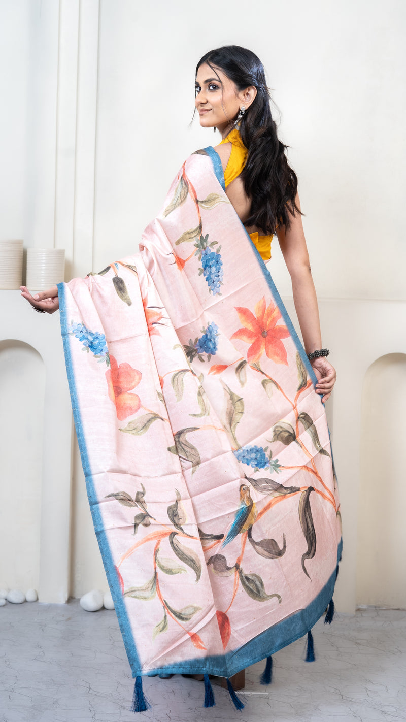 Baby Pink Floral Print Silk Saree