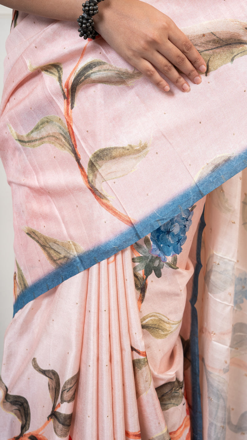 Baby Pink Floral Print Silk Saree
