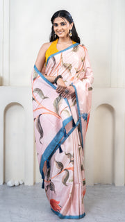 Baby Pink Floral Print Silk Saree