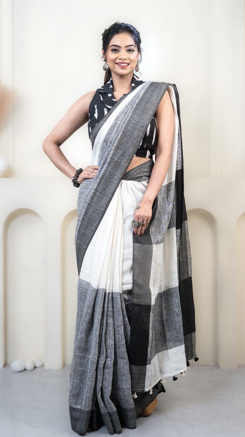 Black and White Checks Linen Saree