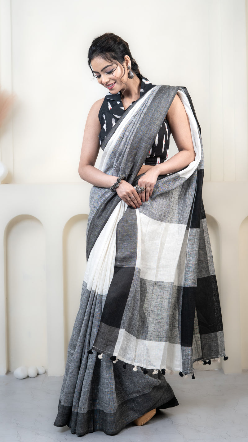 Black and White Checks Linen Saree