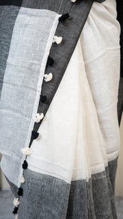 Black and White Checks Linen Saree