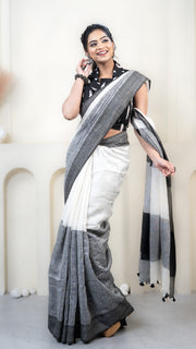 Black and White Checks Linen Saree