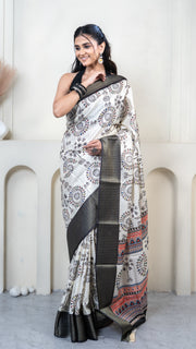Off White Warli Print Silk Saree with Dark Gray Border