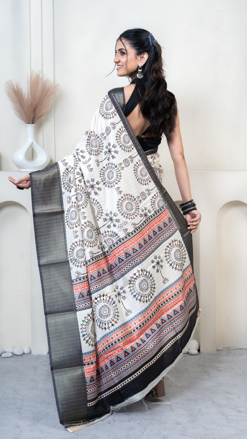 Off White Warli Print Silk Saree with Dark Gray Border